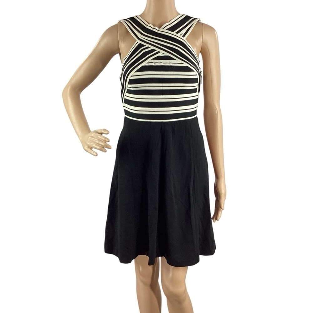 Maeve Crosswise Flare Dress Black White Striped Bodice Size 0